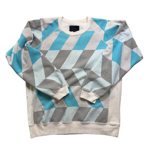 Men's Geometric Heavy Knit Pullover Crewneck Sweater Size L Blue Gray